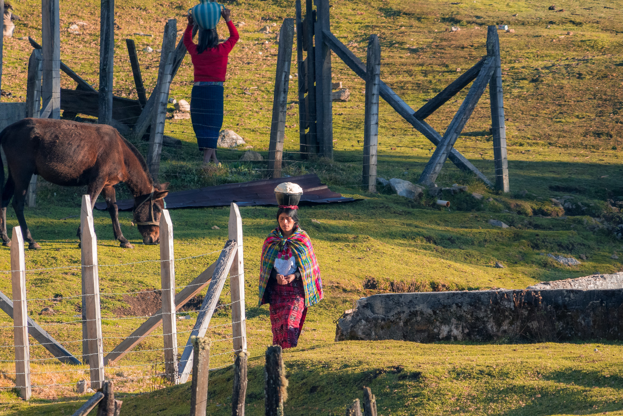 Chuatuj; women going for water and returning from corn mill with corn dough for tortillas